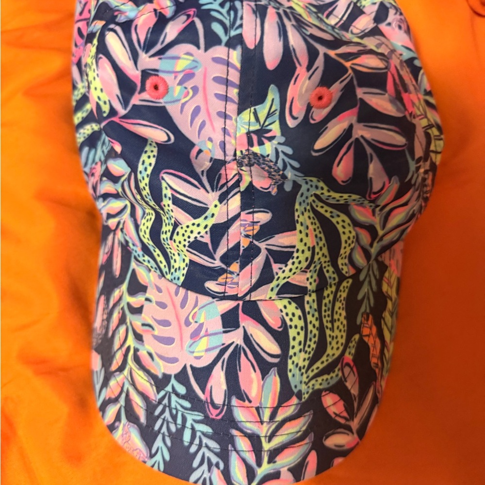 Lilly Pulitzer Navy Baseball Cap with Pink & Green Tropical Print